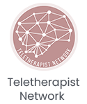 A pink and white logo for the teletherapist network.