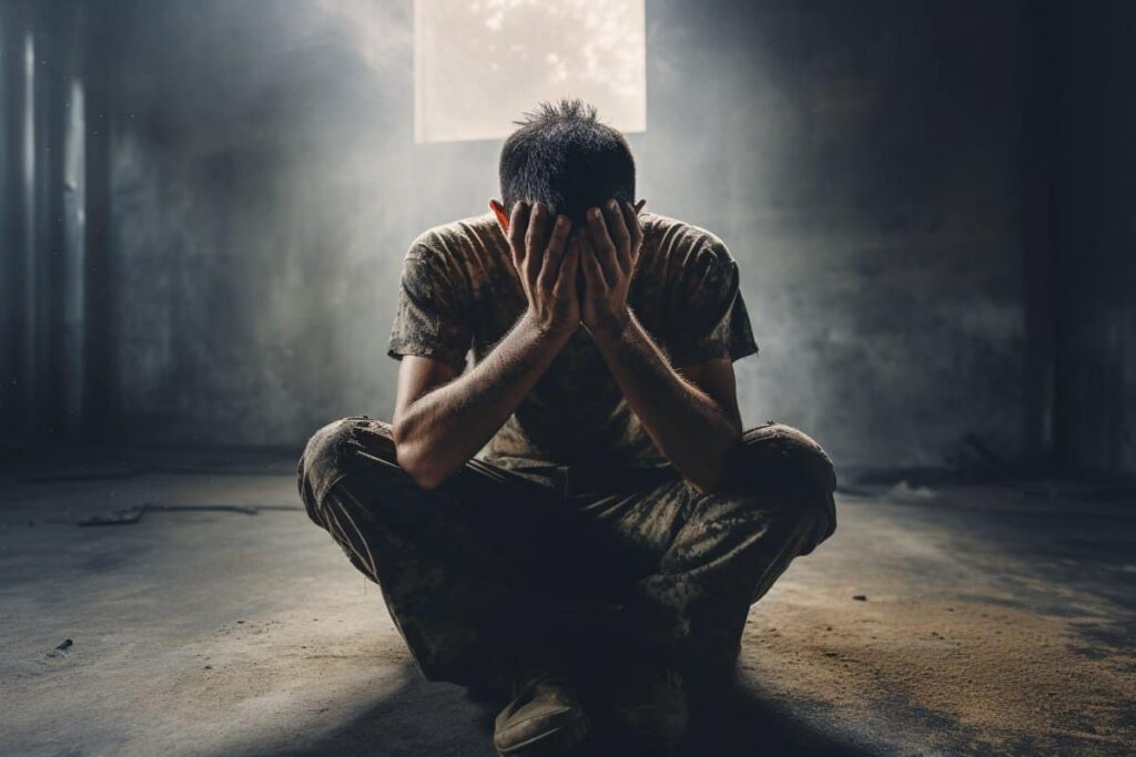 A man sitting on the ground with his hands in front of him.